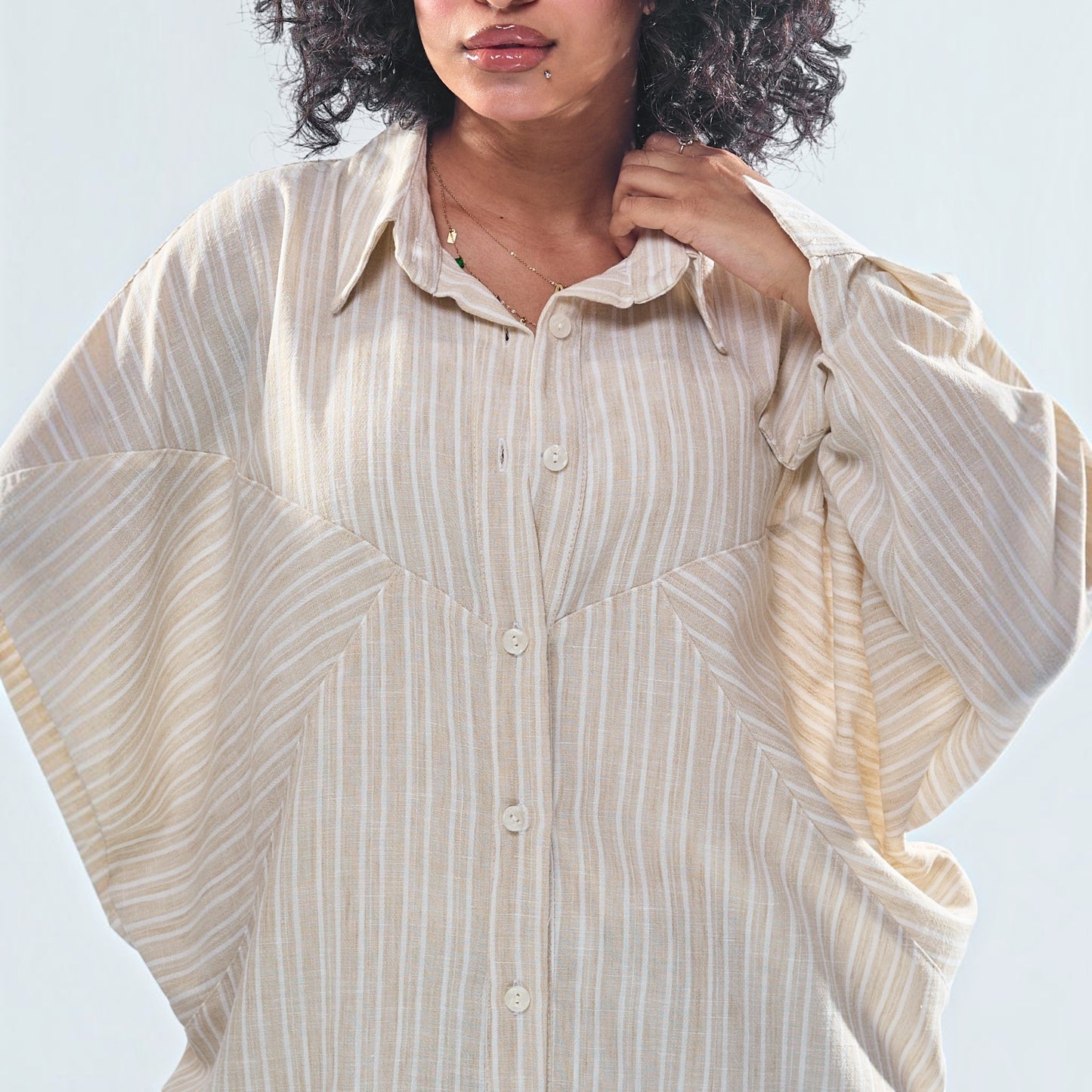Chevron Yoke Striped Oversized Button-Down Shirt