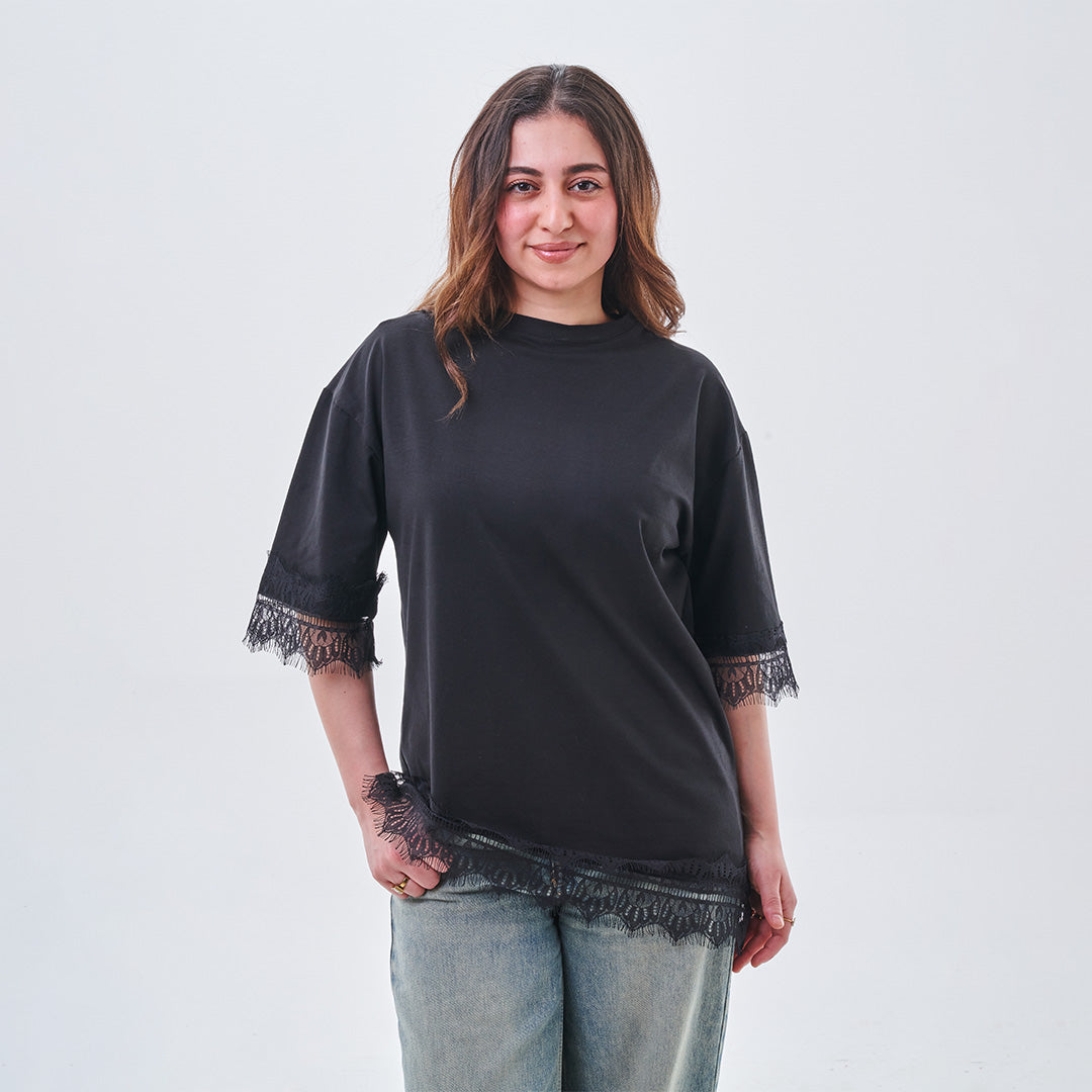 Lace Trim Oversized Top