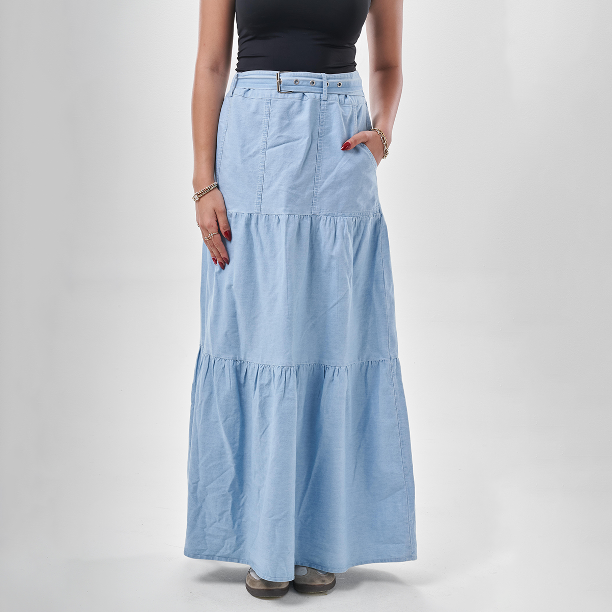 Tiered Denim Maxi Skirt