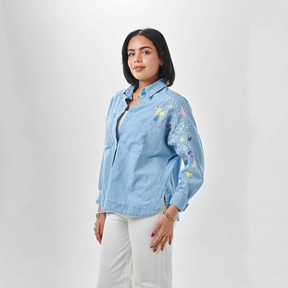 Embroidered Denim Shirt – Light Blue