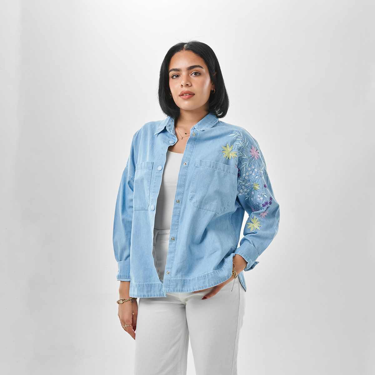 Embroidered Denim Shirt – Light Blue