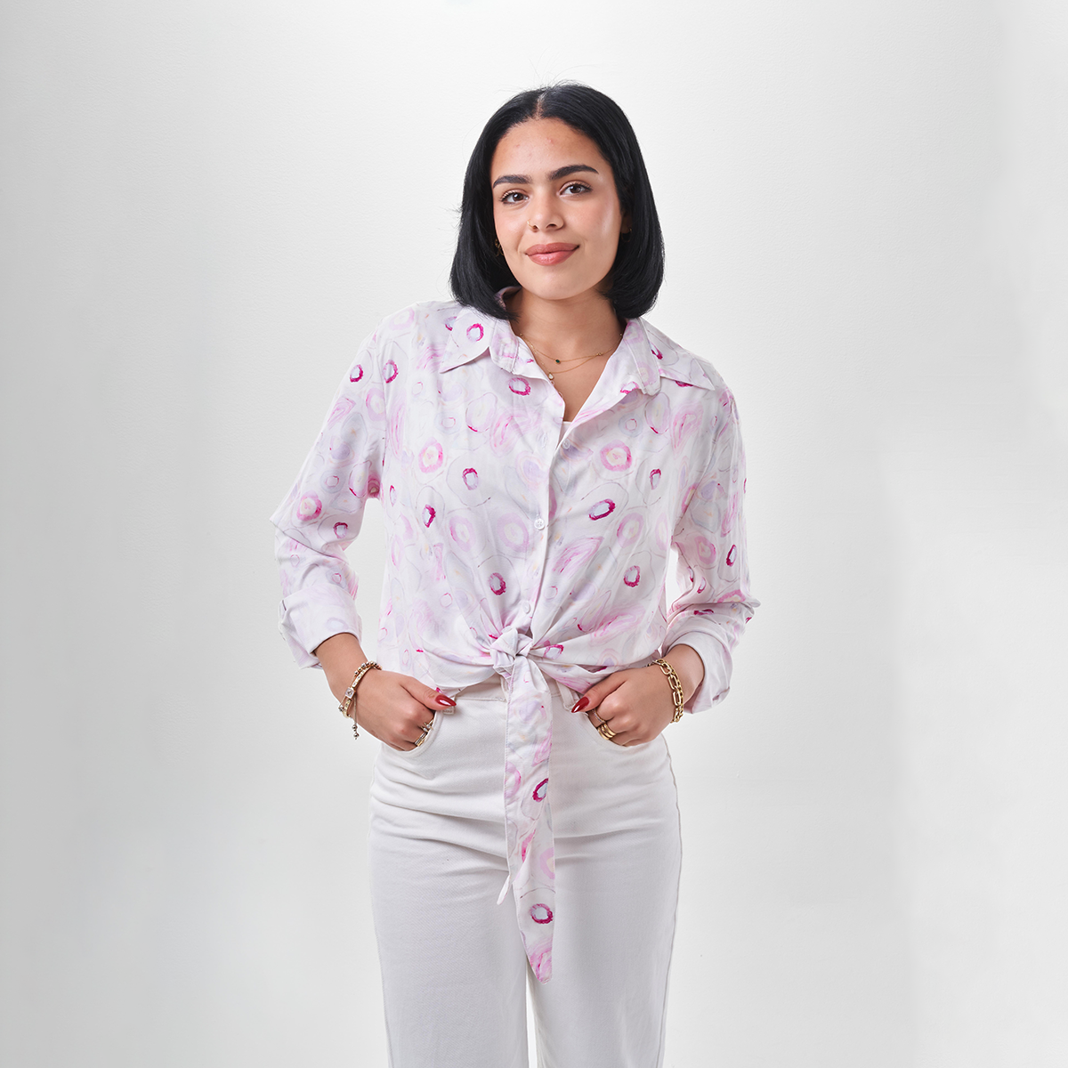 Printed Tie-Front Summer Shirt – White & Pink