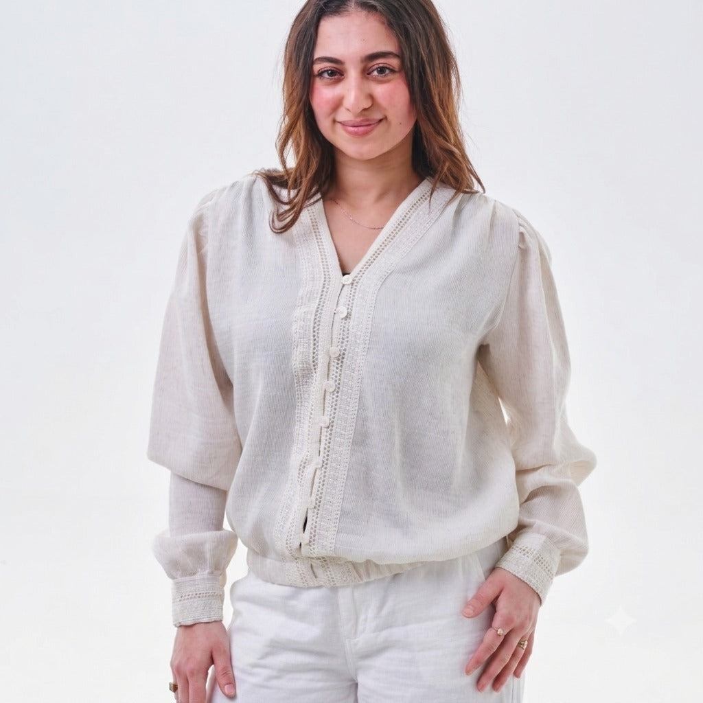 Ivory Textured Balloon Sleeve Blouse