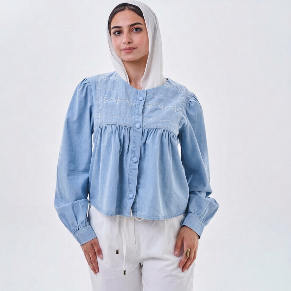 Embroidered Denim Cropped Blouse