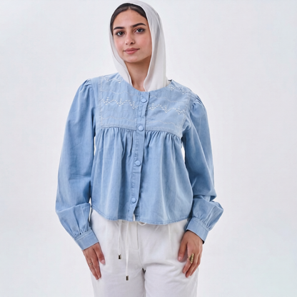Embroidered Denim Cropped Blouse