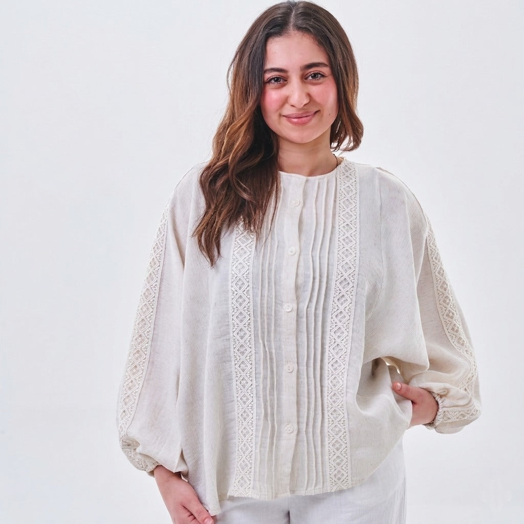 Boho Lace Trim Textured Blouse
