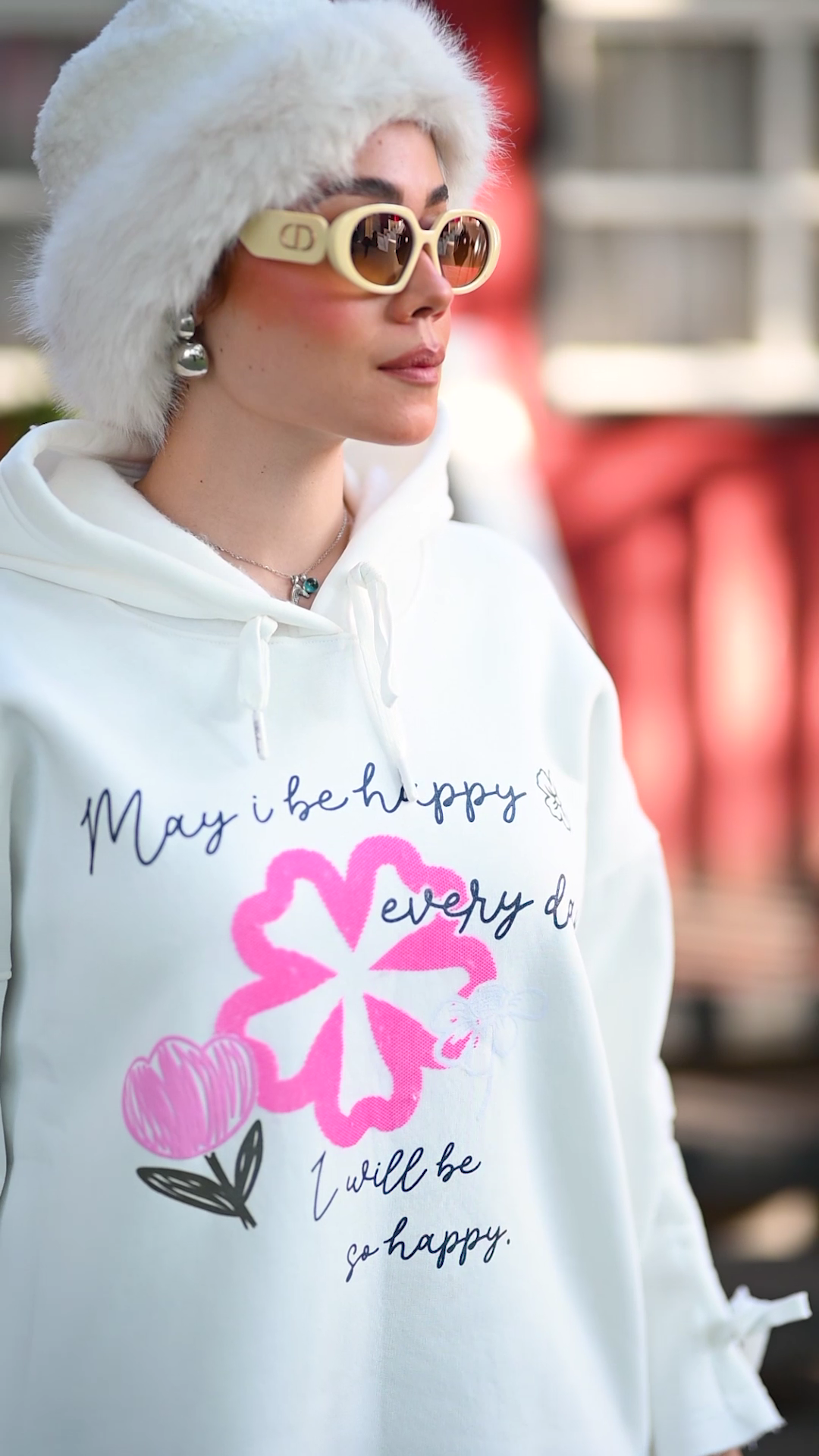 Floral and text print hoodie