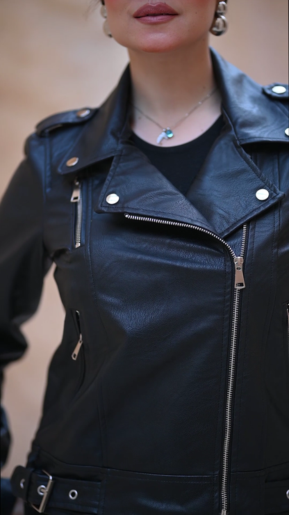 Black Zippered Faux Leather Waterproof Jacket Casual