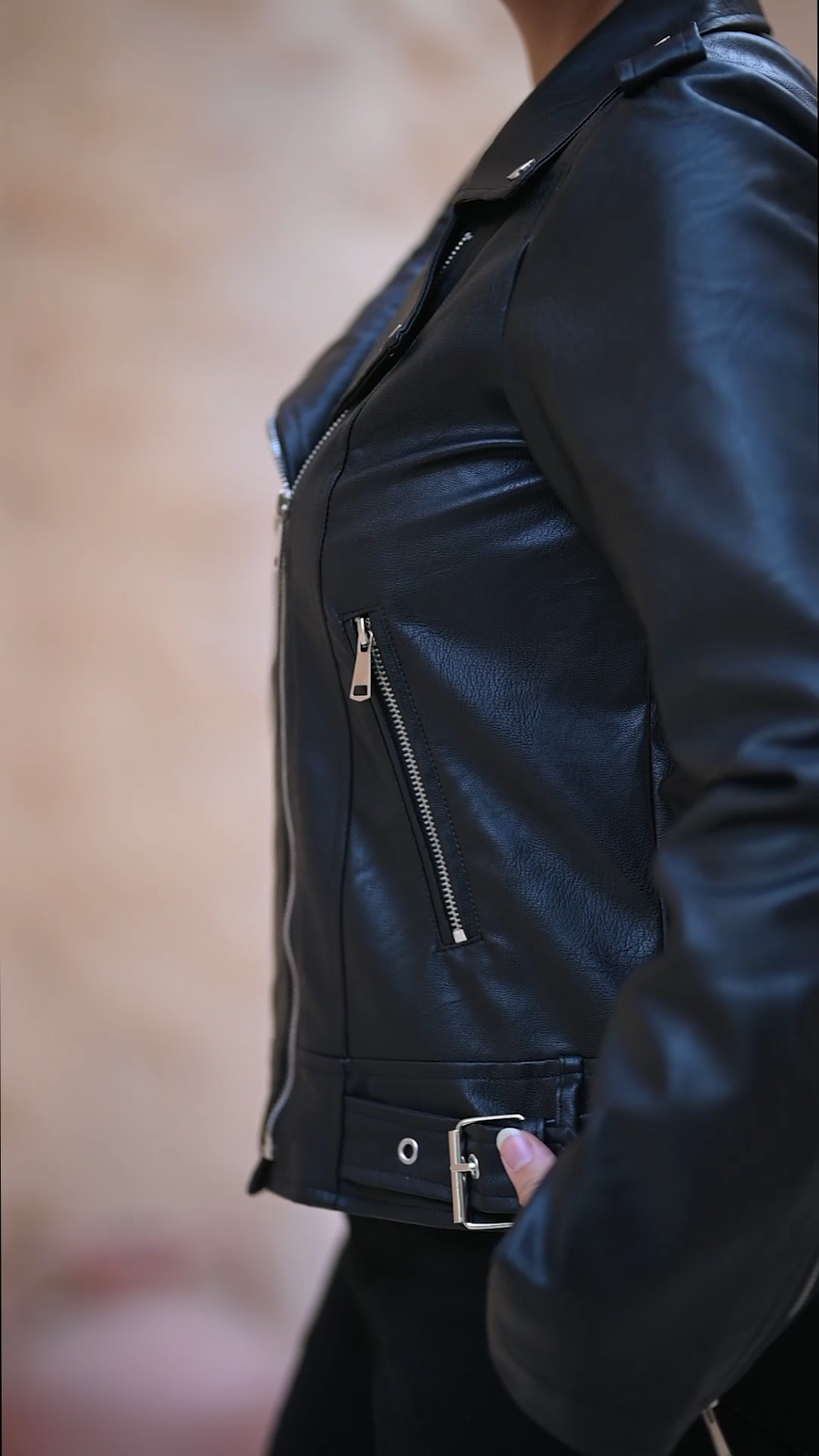 Black Zippered Faux Leather Waterproof Jacket Casual