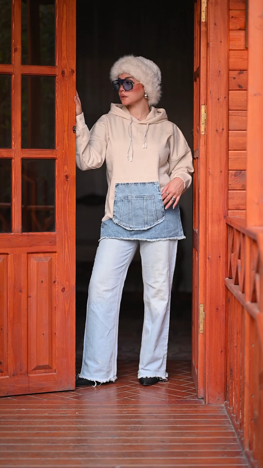 Oversized Hoodie with Denim Utility Pocket