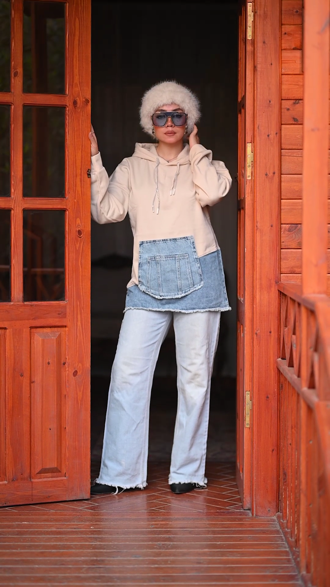 Oversized Hoodie with Denim Utility Pocket