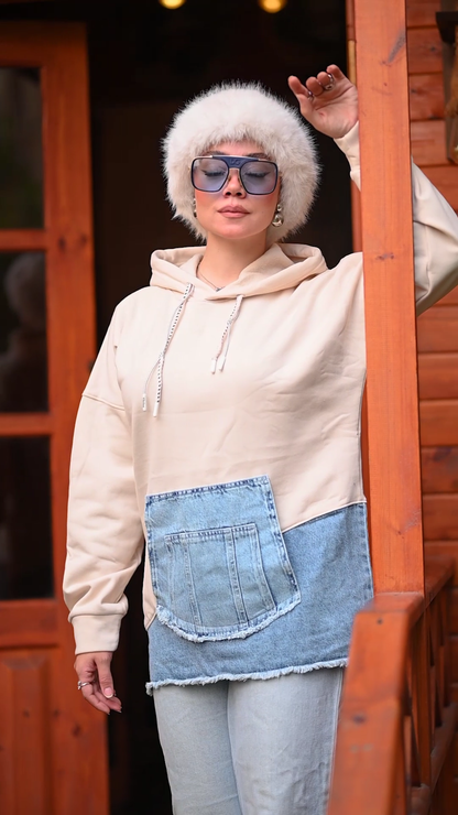 Oversized Hoodie with Denim Utility Pocket