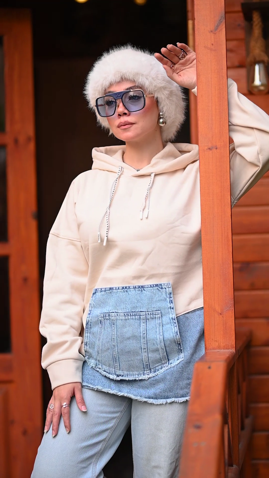 Oversized Hoodie with Denim Utility Pocket