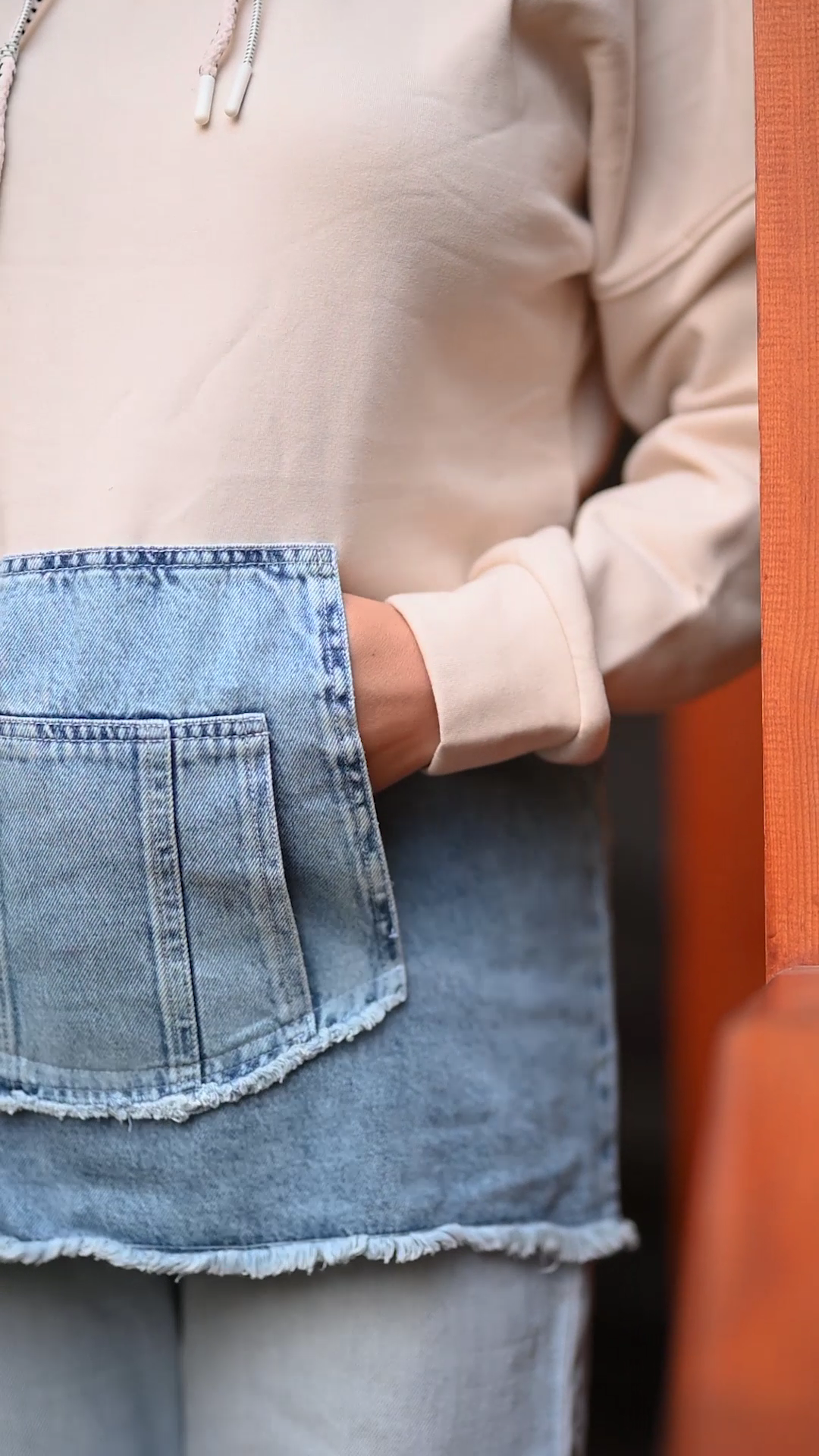 Oversized Hoodie with Denim Utility Pocket