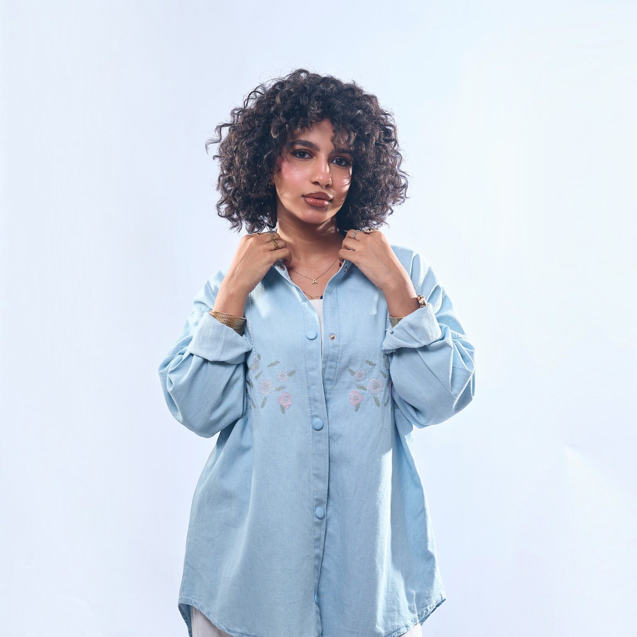 Floral Embroidered Oversized Denim Shirt