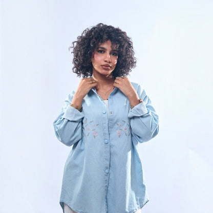 Floral Embroidered Oversized Denim Shirt