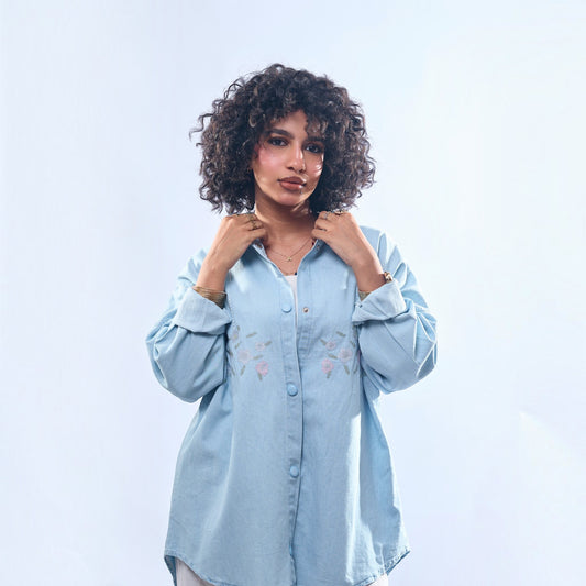 Floral Embroidered Oversized Denim Shirt