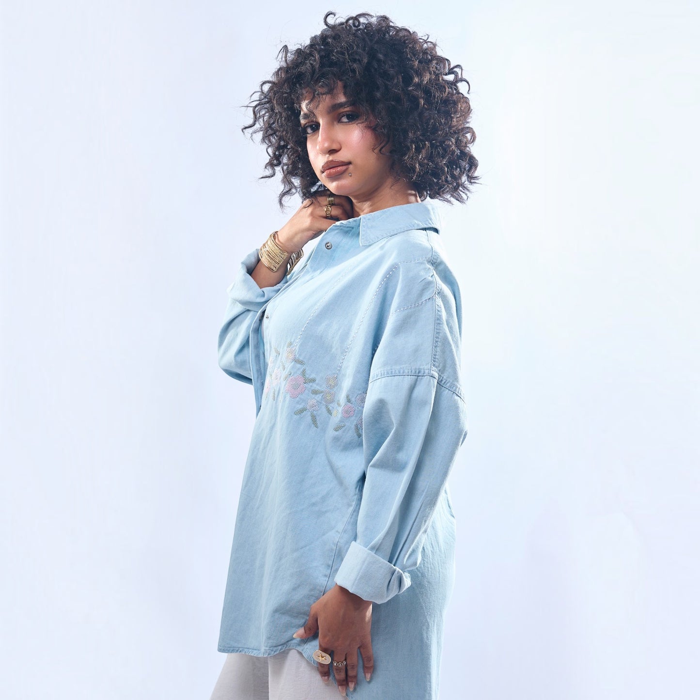 Floral Embroidered Oversized Denim Shirt