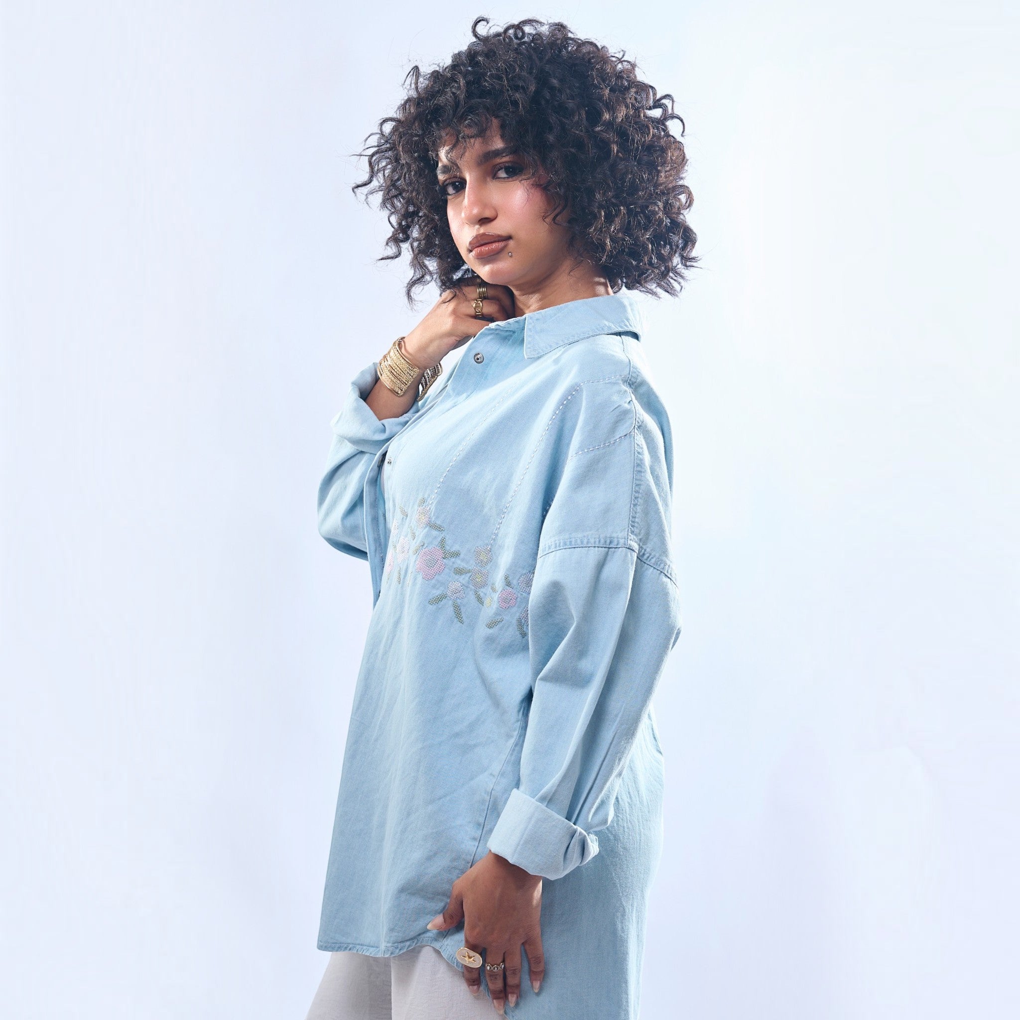 Floral Embroidered Oversized Denim Shirt