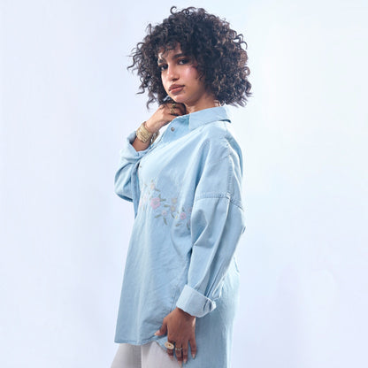 Floral Embroidered Oversized Denim Shirt