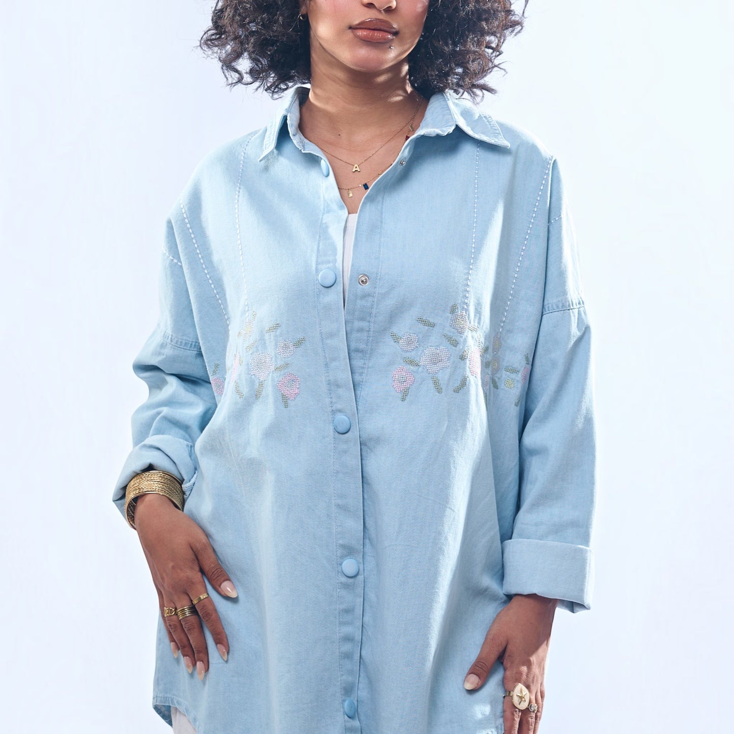 Floral Embroidered Oversized Denim Shirt