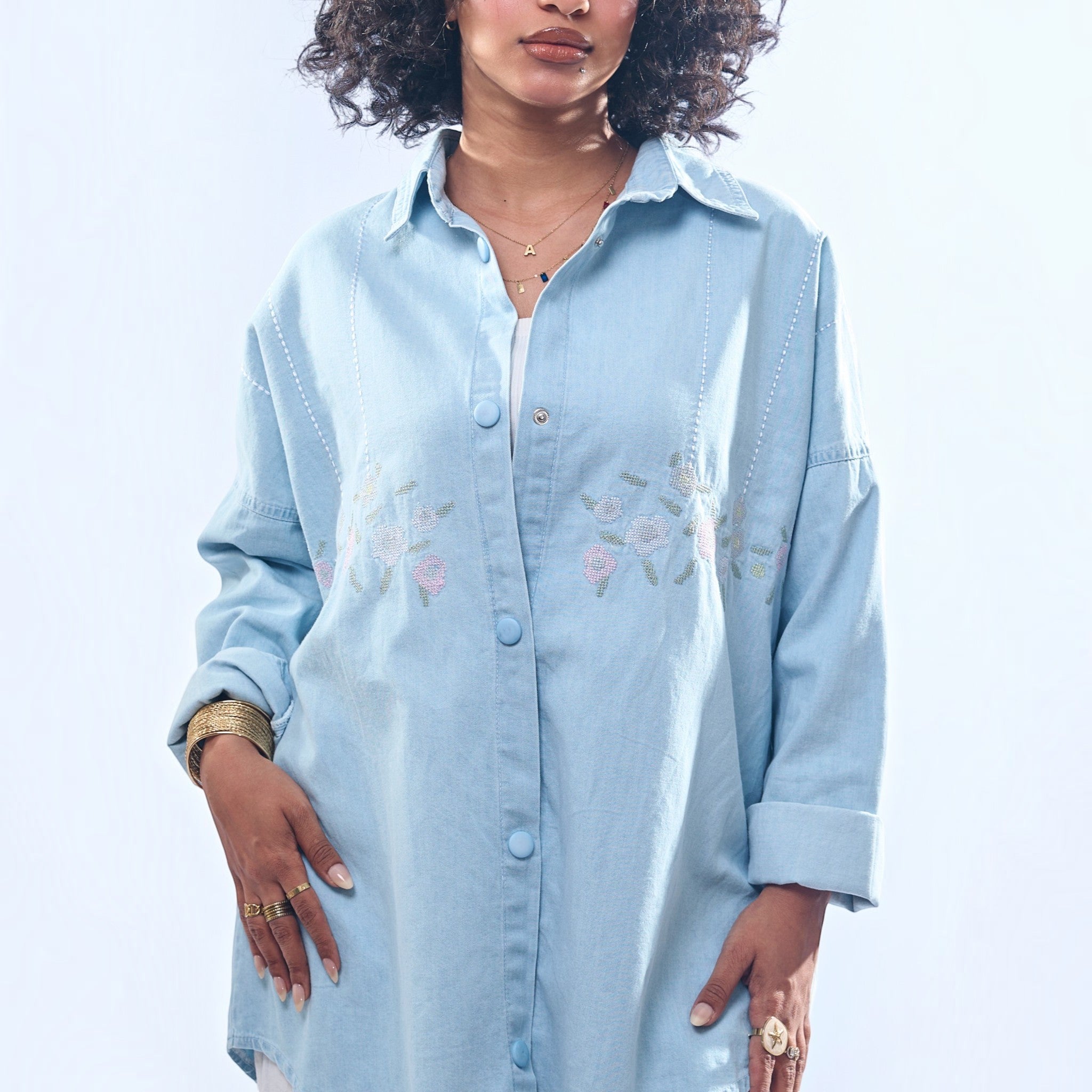 Floral Embroidered Oversized Denim Shirt