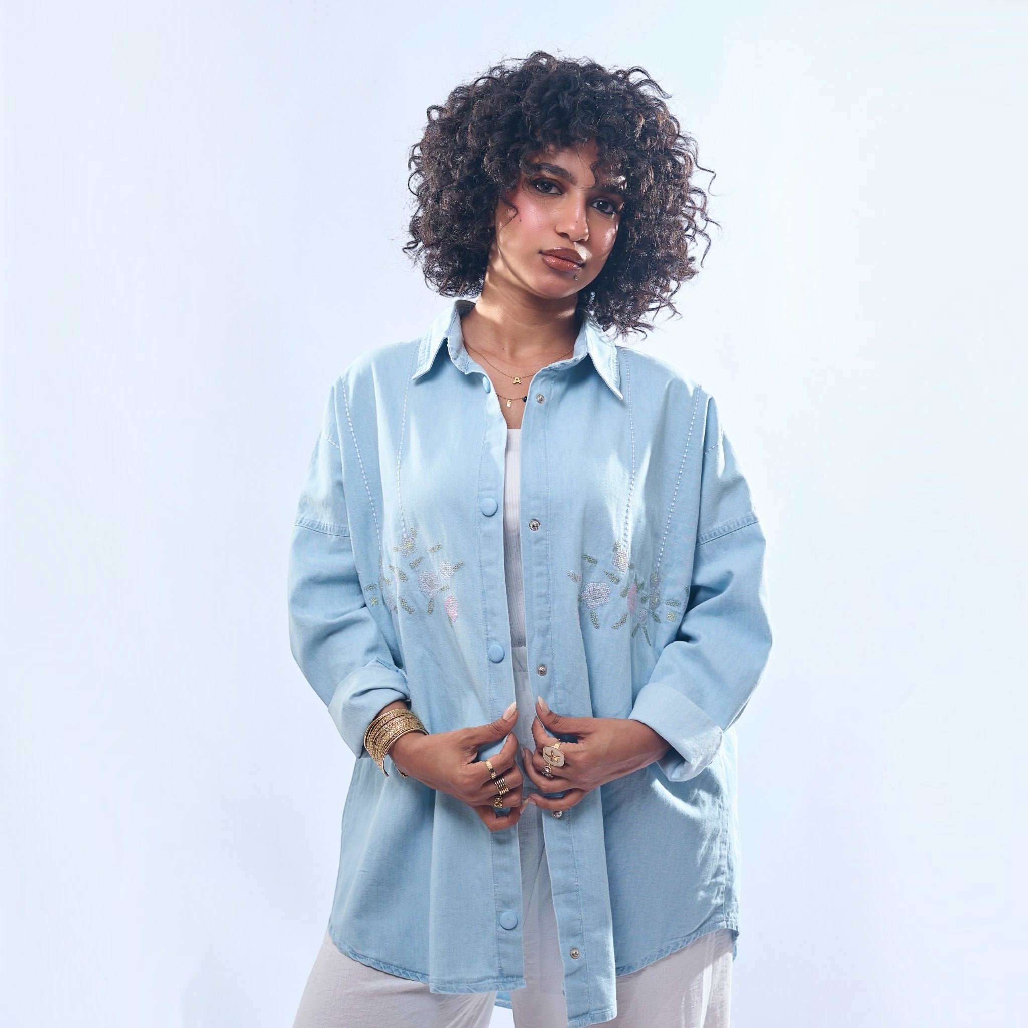 Floral Embroidered Oversized Denim Shirt