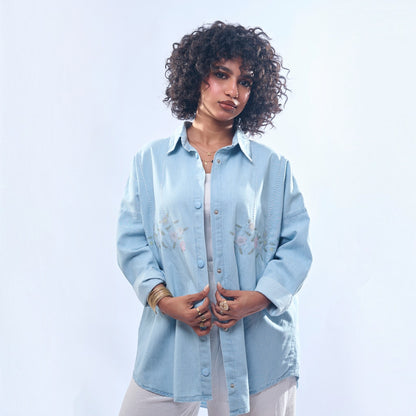 Floral Embroidered Oversized Denim Shirt