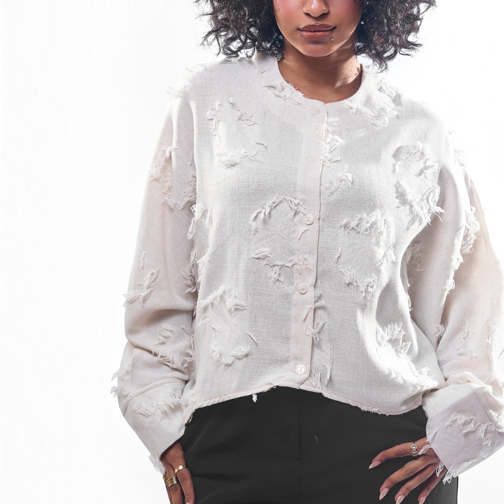 Distressed Textured Fringe Button-Down Shirt