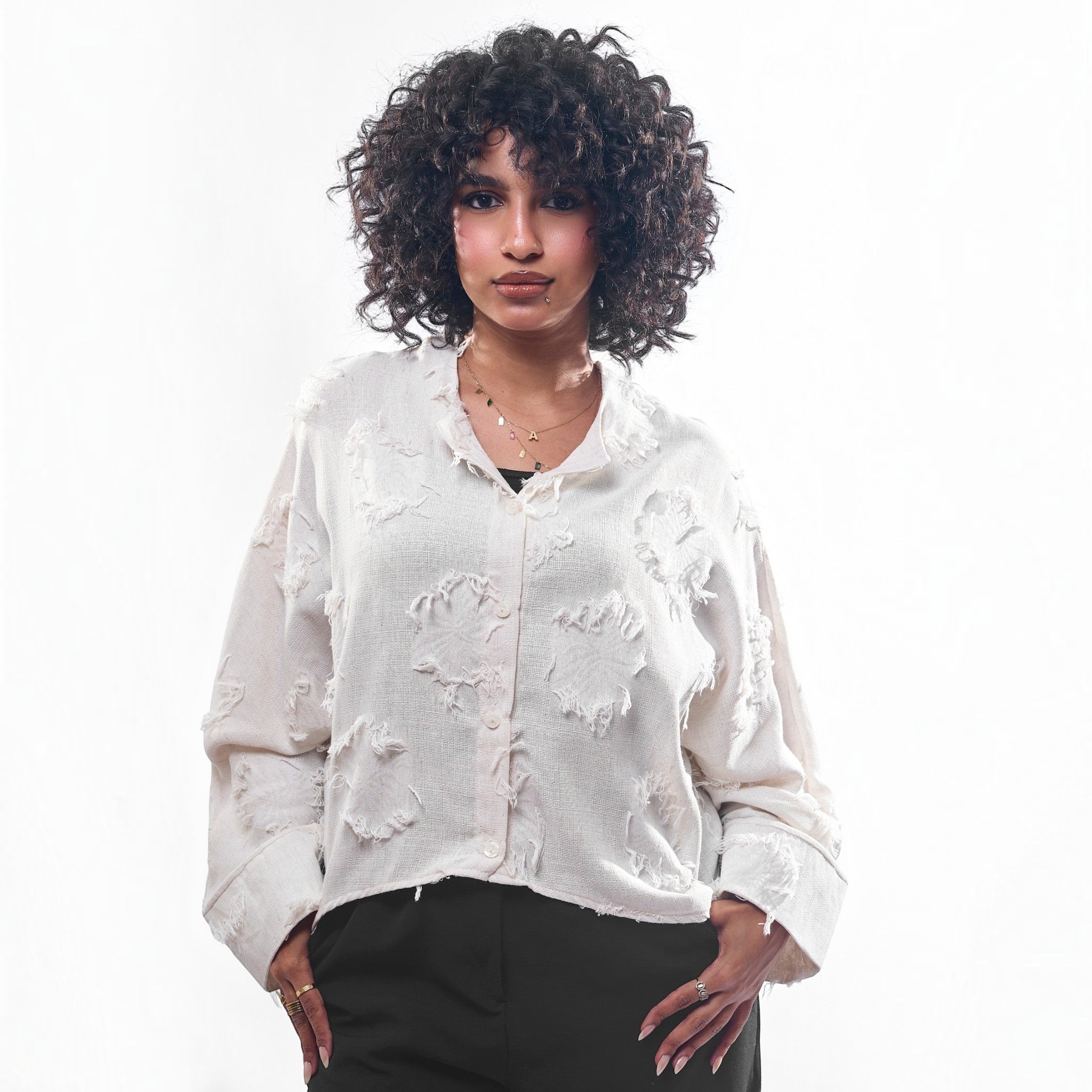 Distressed Textured Fringe Button-Down Shirt
