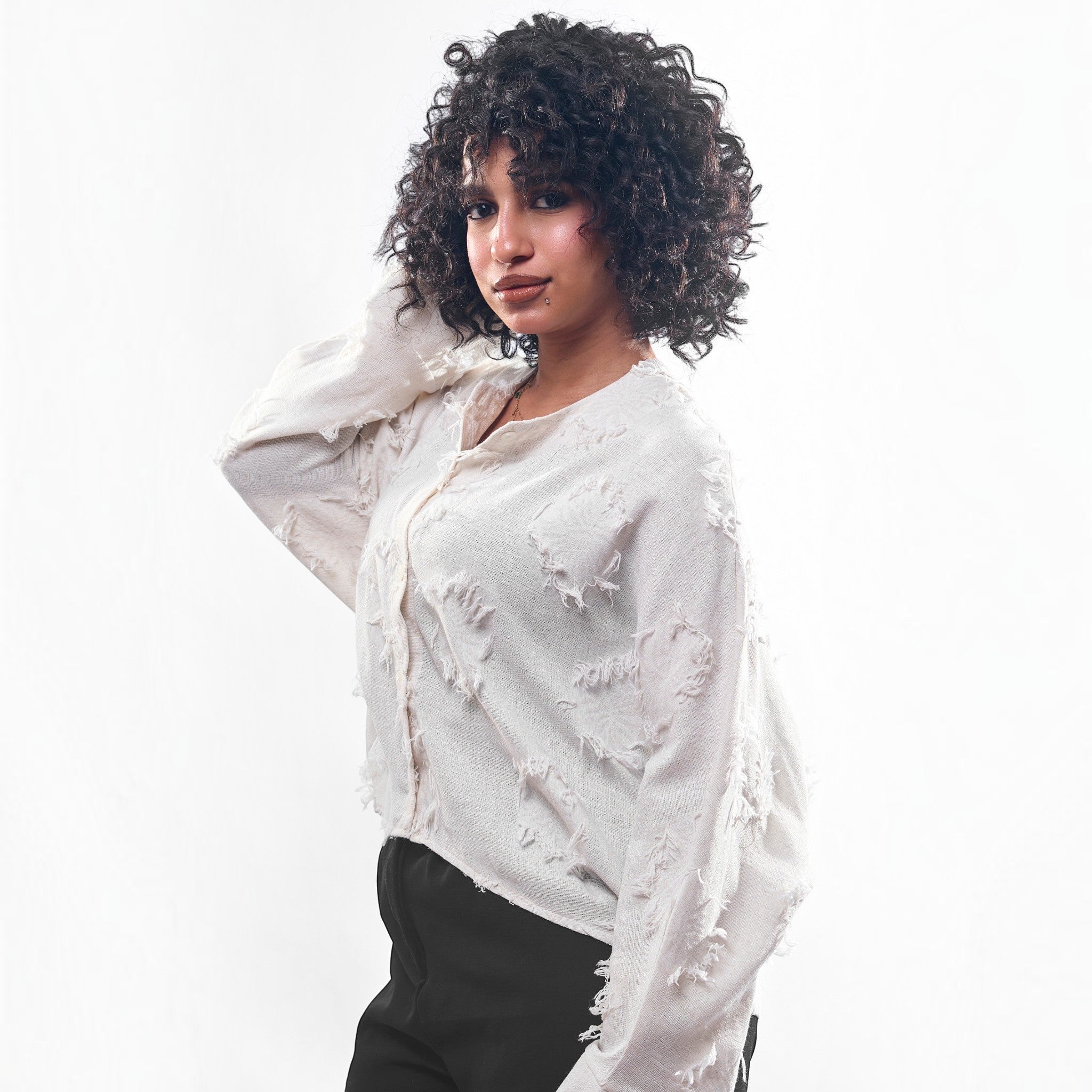 Distressed Textured Fringe Button-Down Shirt