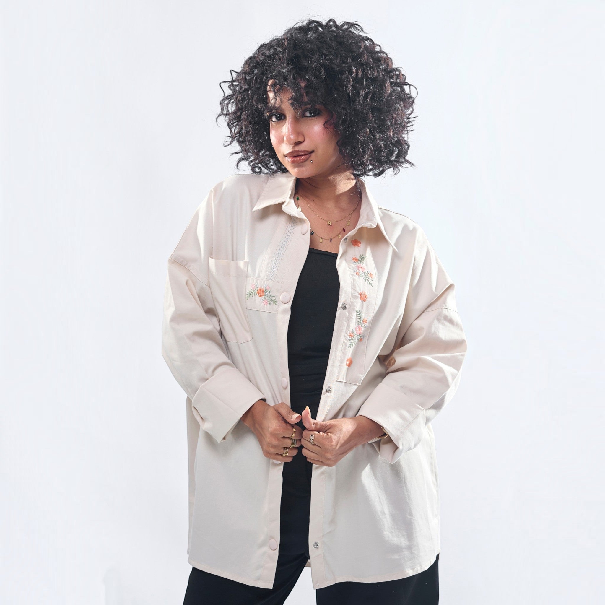 Floral Embroidered Oversized Utility Button-Down Shirt