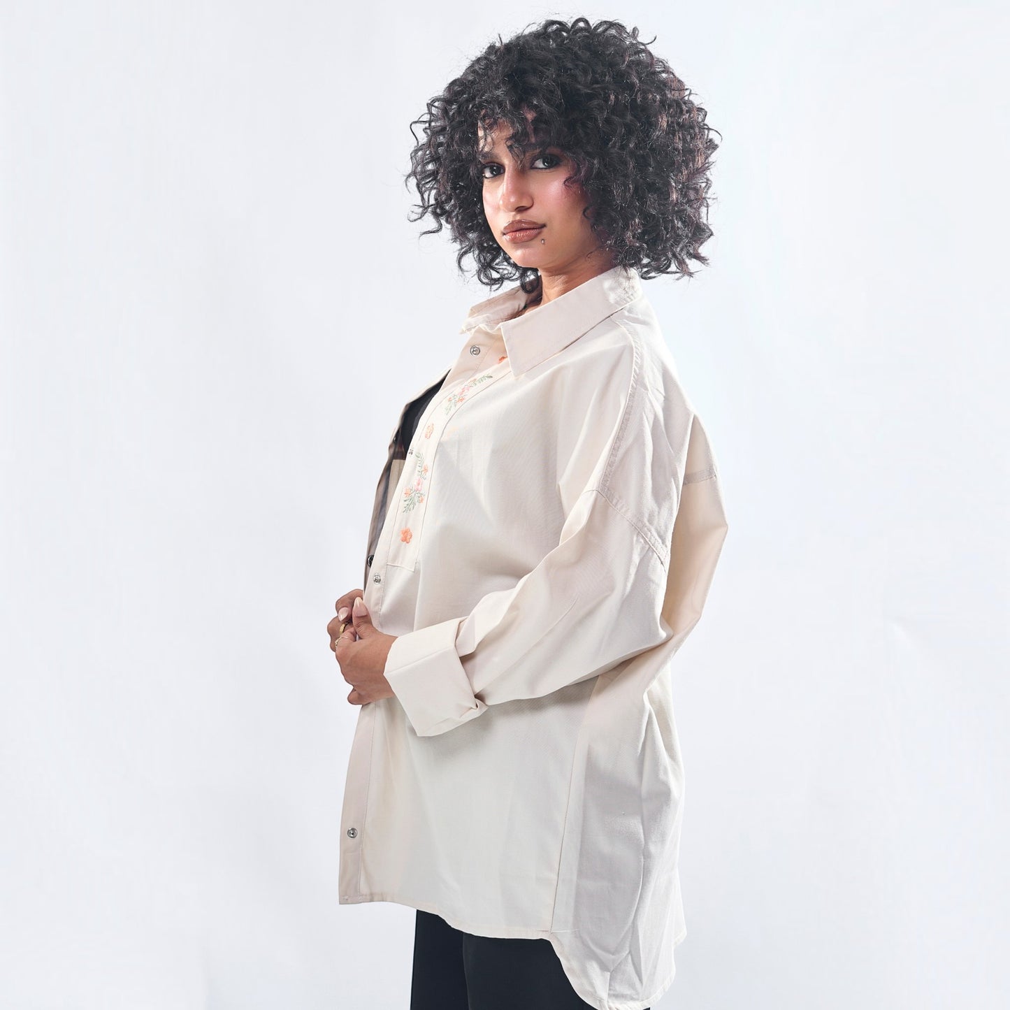 Floral Embroidered Oversized Utility Button-Down Shirt