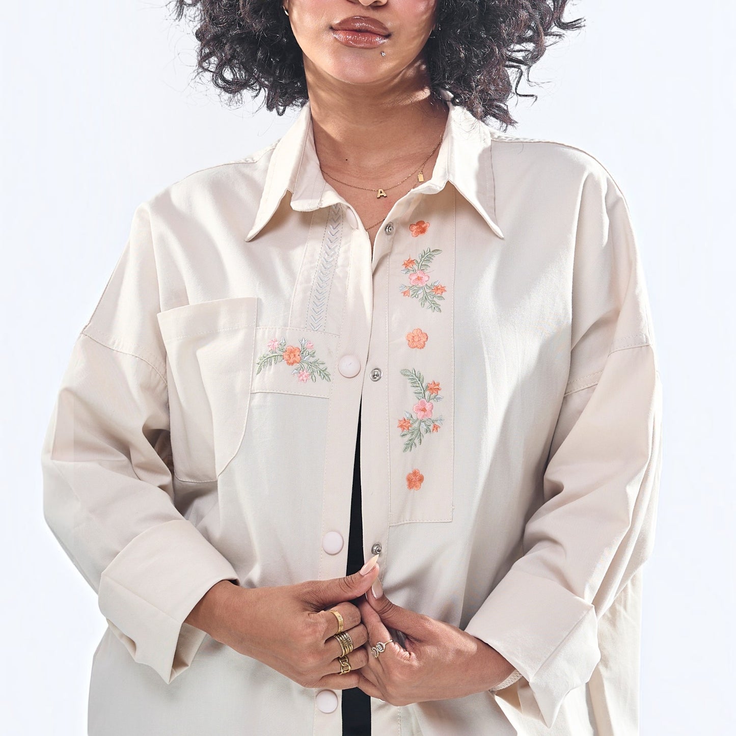 Floral Embroidered Oversized Utility Button-Down Shirt