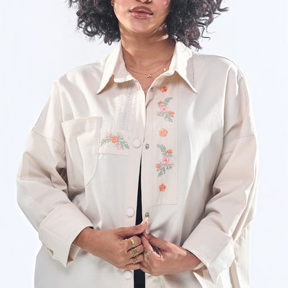Floral Embroidered Oversized Utility Button-Down Shirt