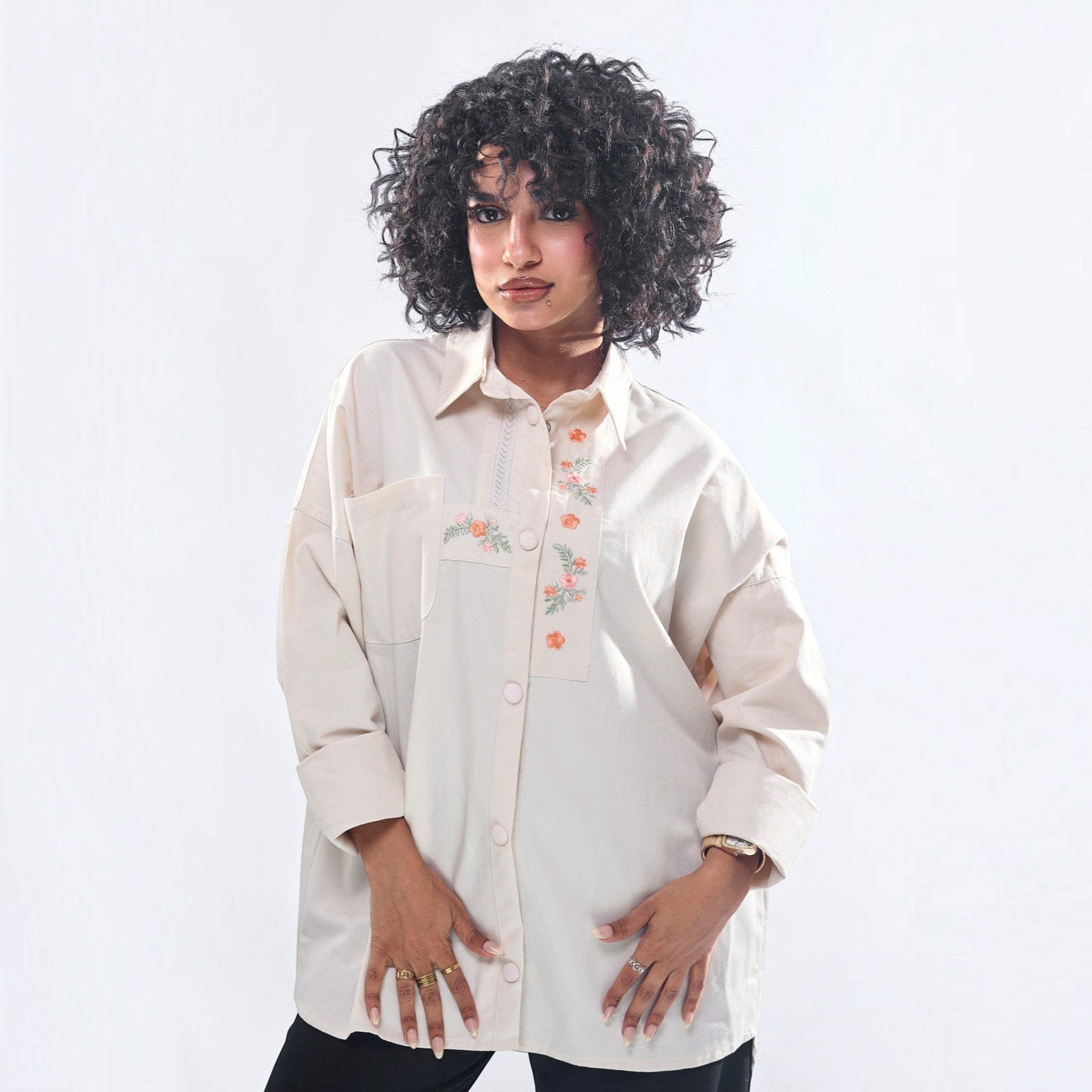 Floral Embroidered Oversized Utility Button-Down Shirt