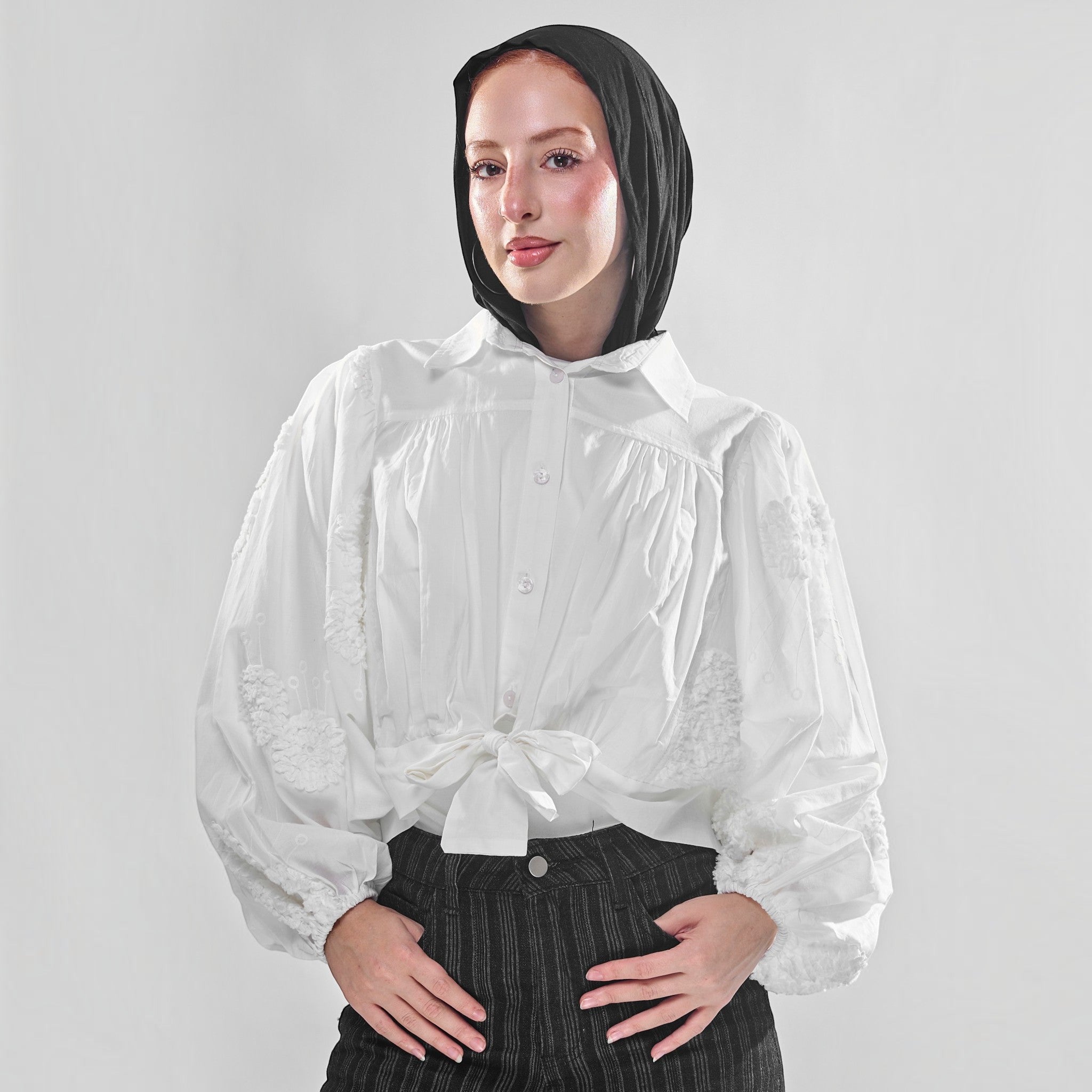 Front-Tie Embroidered Balloon-Sleeve Blouse