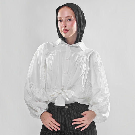 Front-Tie Embroidered Balloon-Sleeve Blouse