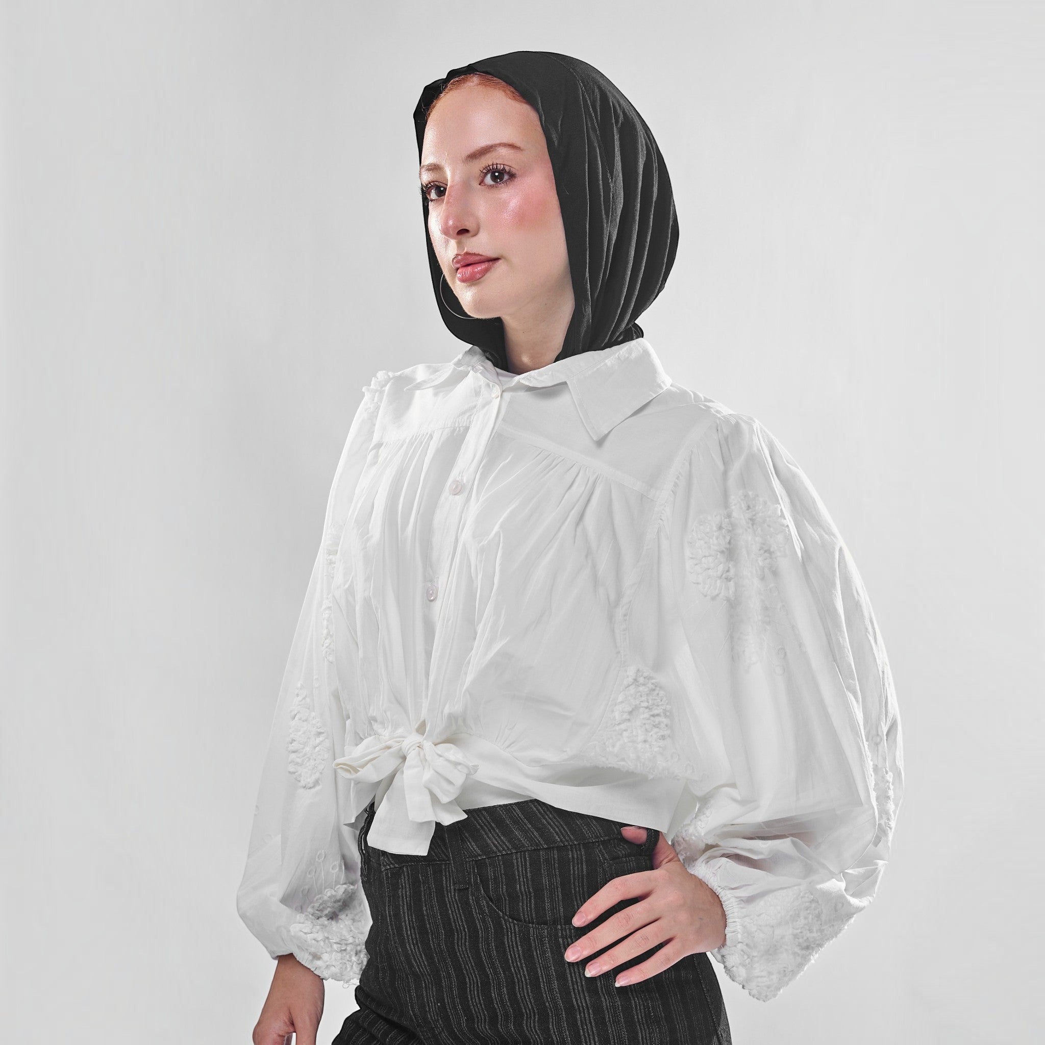 Front-Tie Embroidered Balloon-Sleeve Blouse