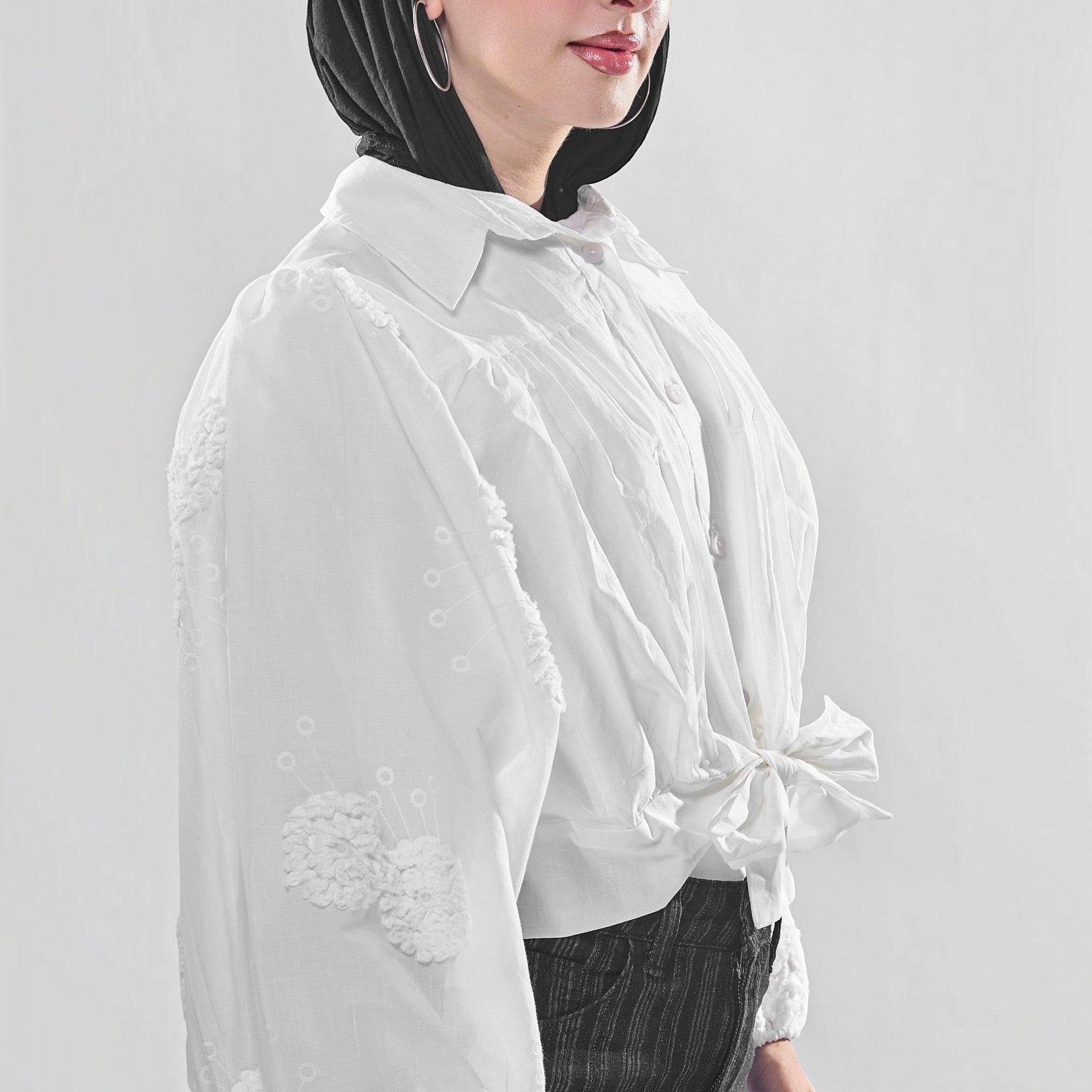 Front-Tie Embroidered Balloon-Sleeve Blouse
