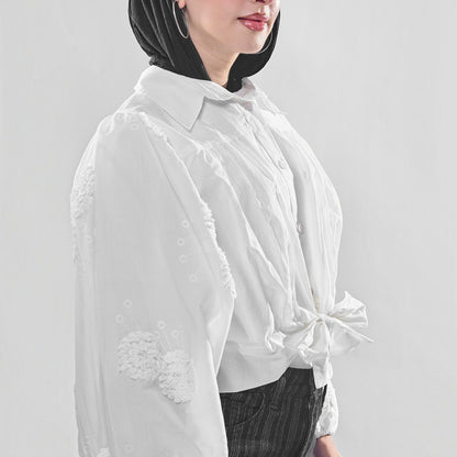 Front-Tie Embroidered Balloon-Sleeve Blouse