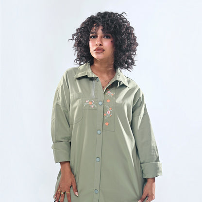 Floral Embroidered Oversized Utility Button-Down Shirt