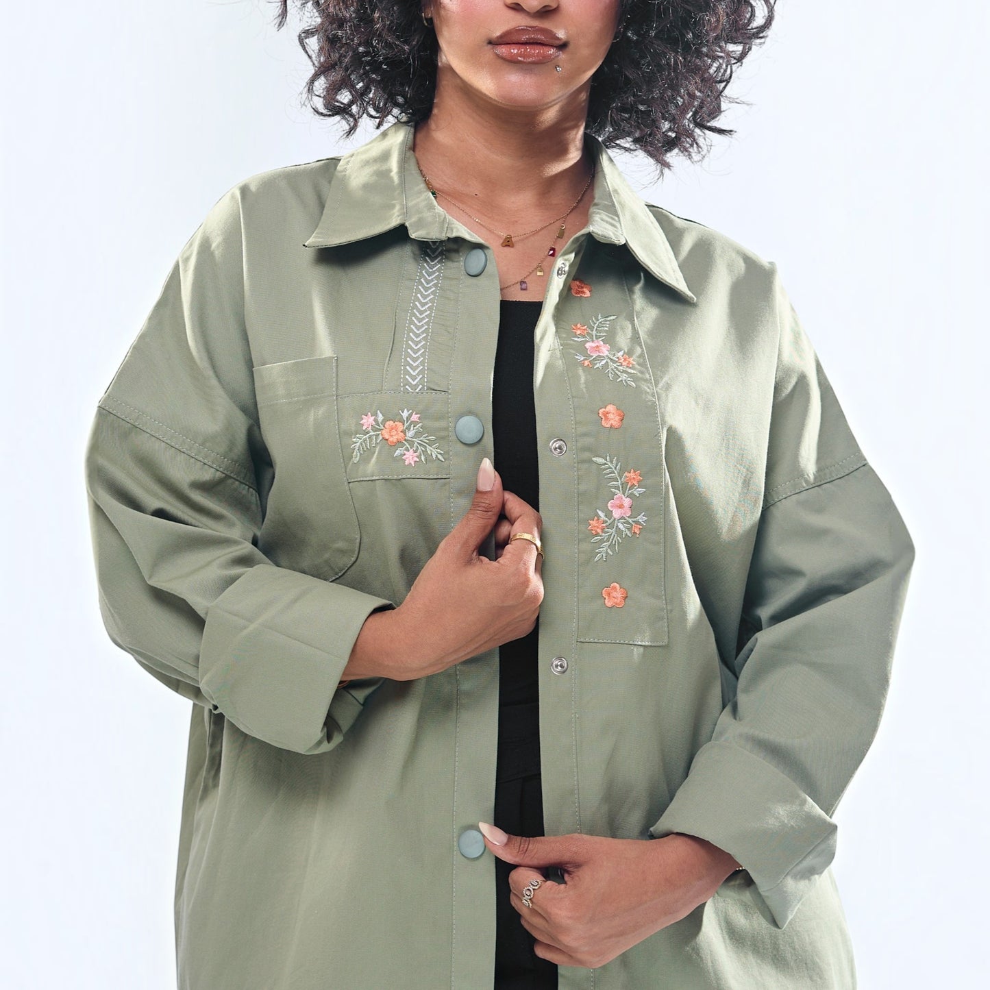 Floral Embroidered Oversized Utility Button-Down Shirt