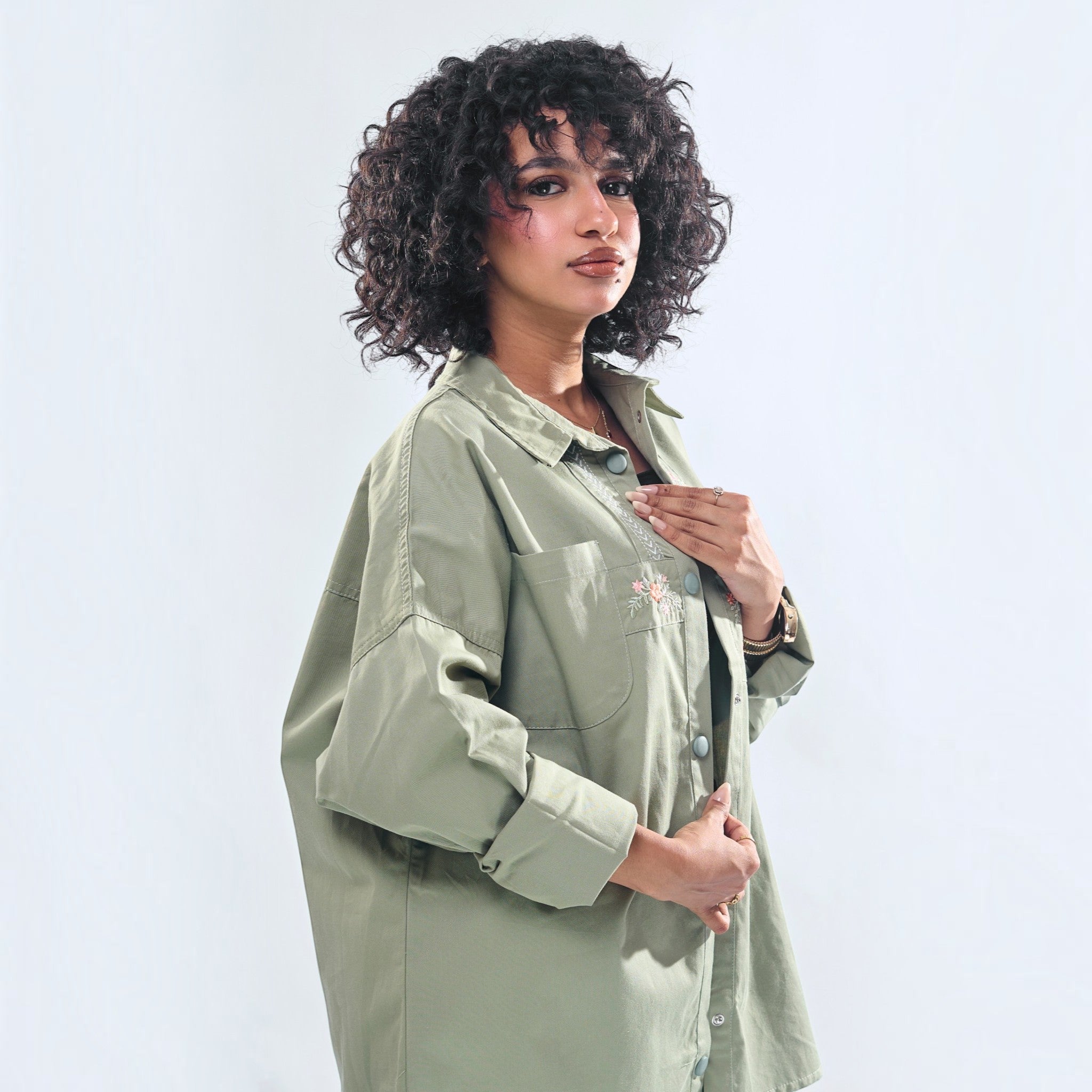 Floral Embroidered Oversized Utility Button-Down Shirt