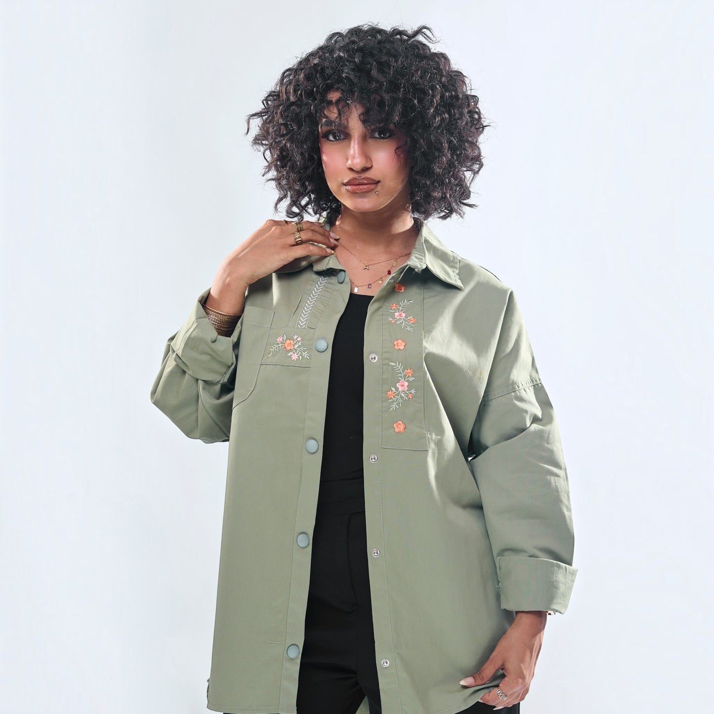 Floral Embroidered Oversized Utility Button-Down Shirt