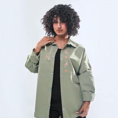 Floral Embroidered Oversized Utility Button-Down Shirt