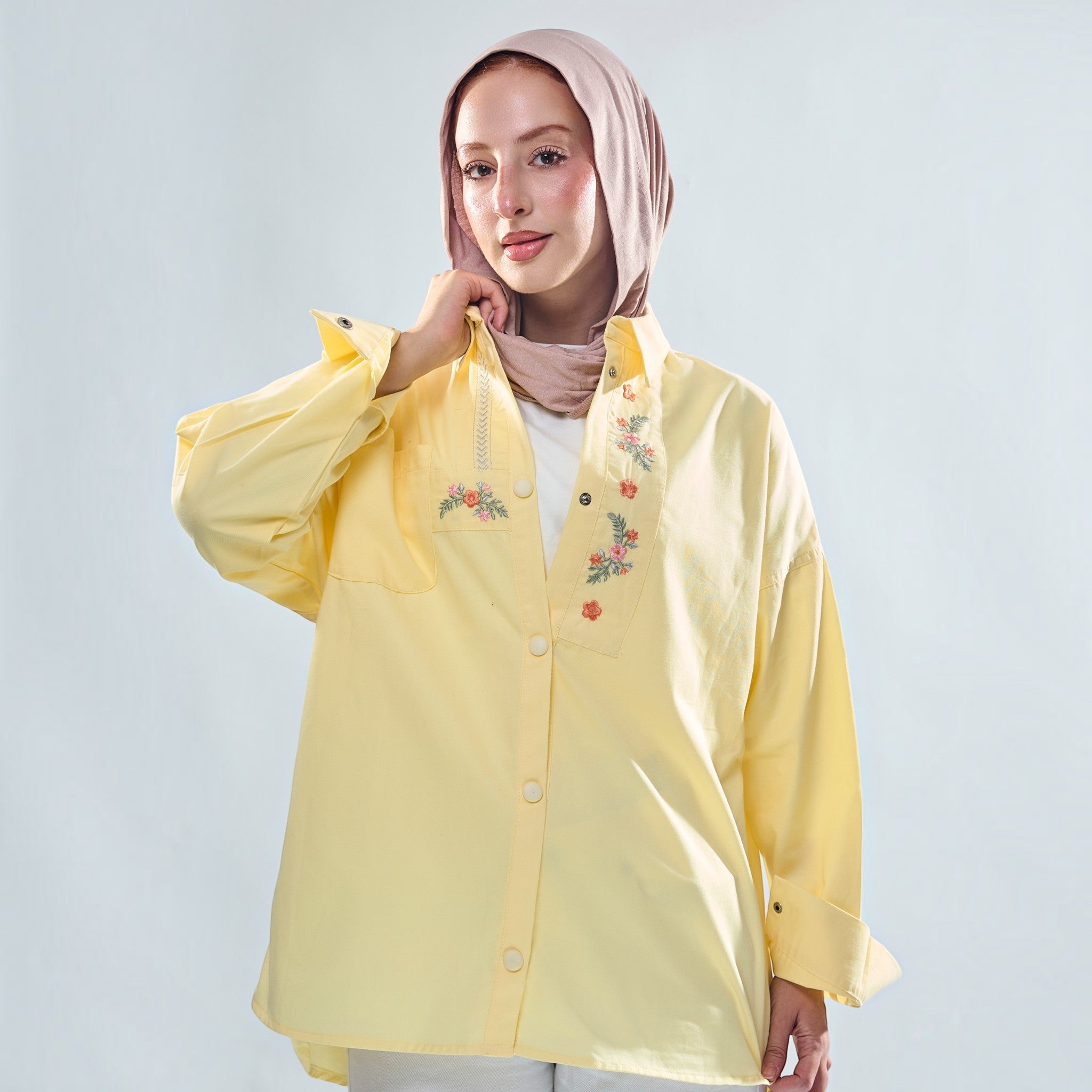 Floral Embroidered Oversized Utility Button-Down Shirt