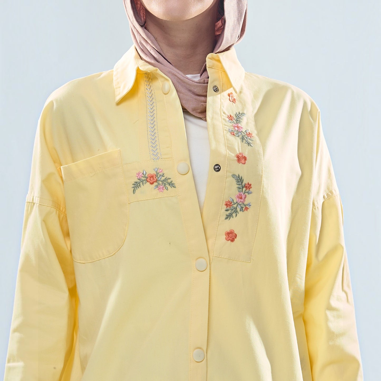 Floral Embroidered Oversized Utility Button-Down Shirt