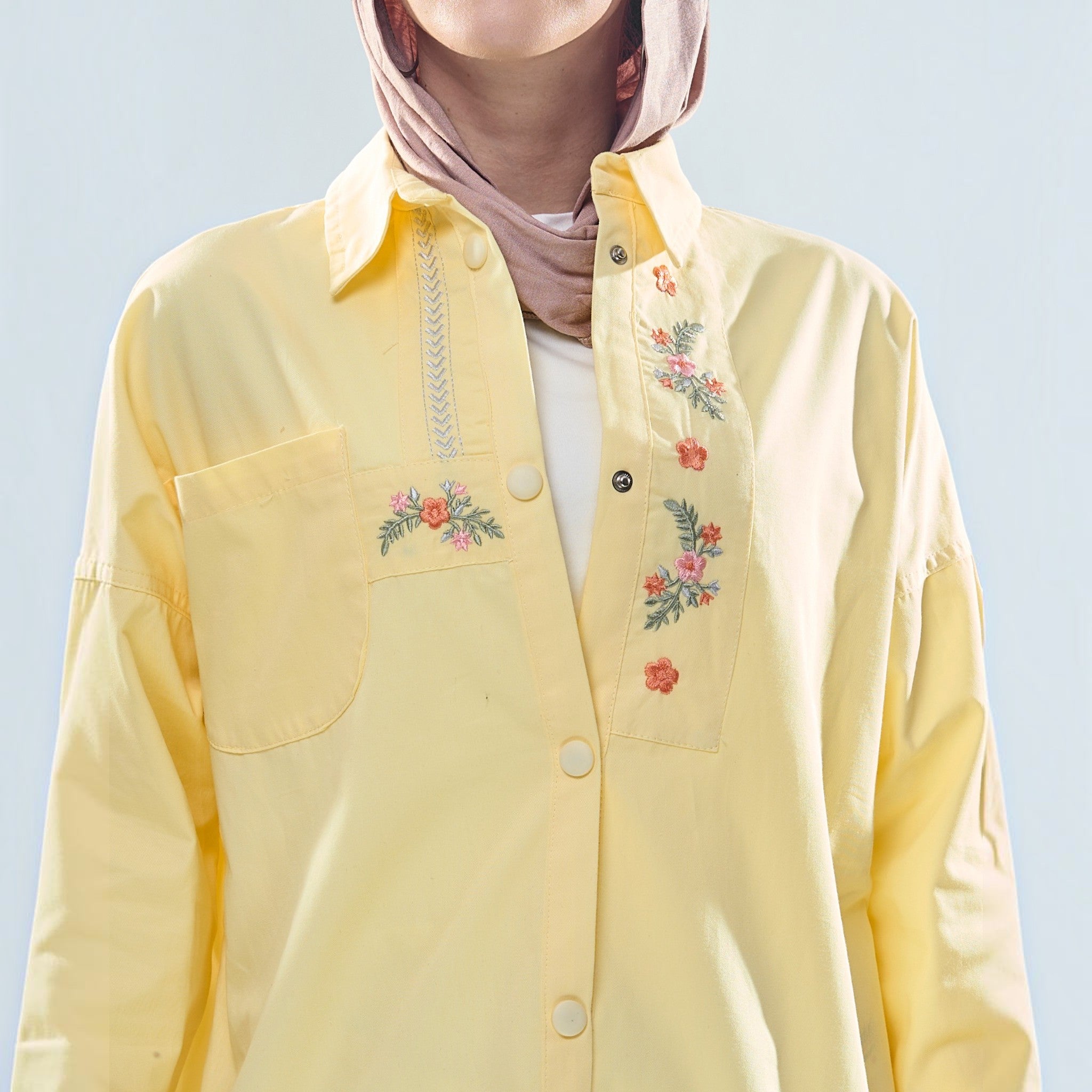 Floral Embroidered Oversized Utility Button-Down Shirt