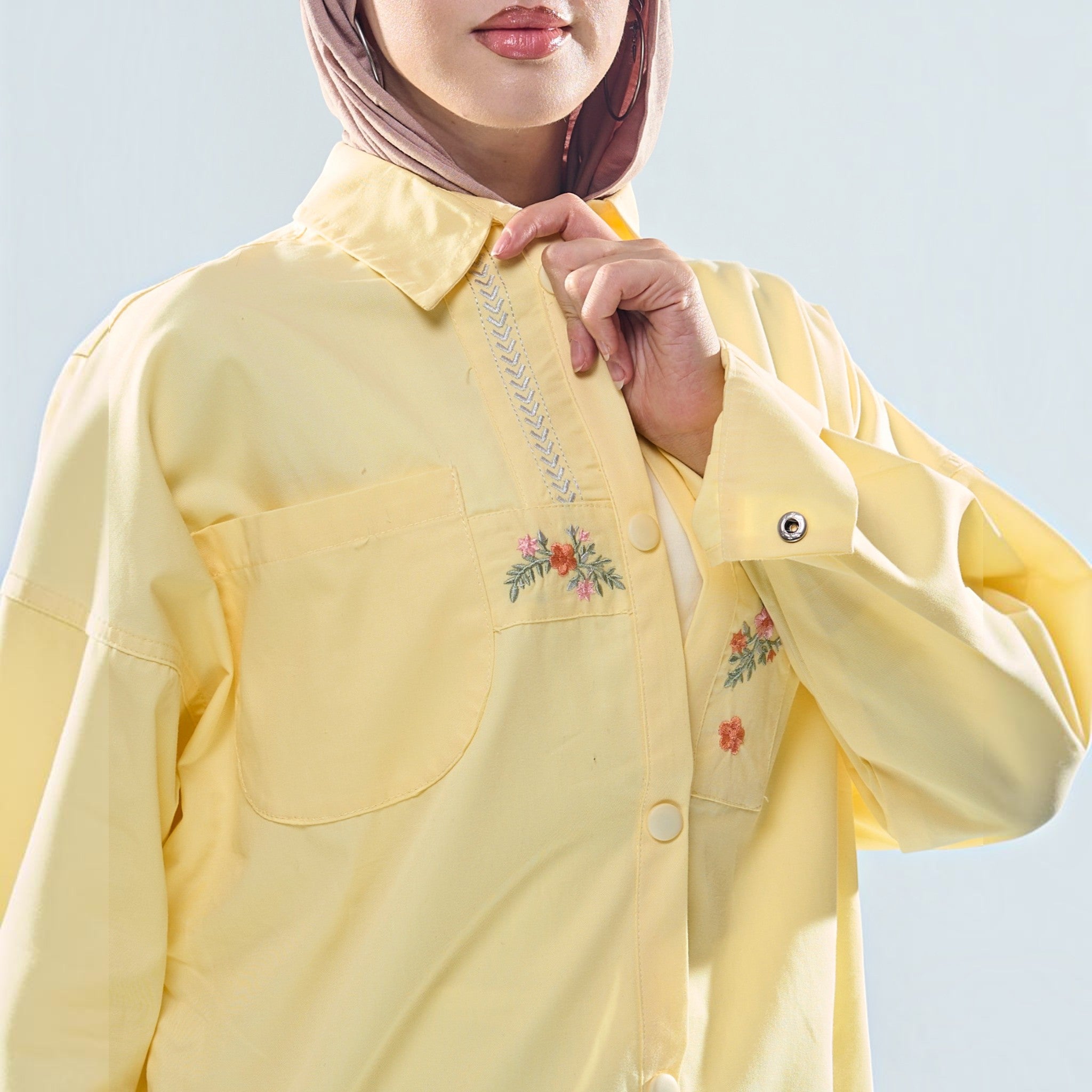Floral Embroidered Oversized Utility Button-Down Shirt